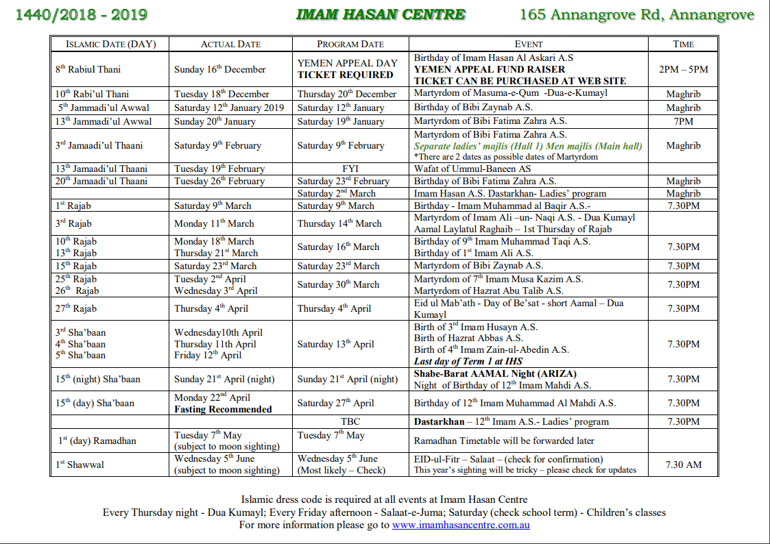 Calendar of Events – Rabbi-ul-Awaal to Ramadhan 1440