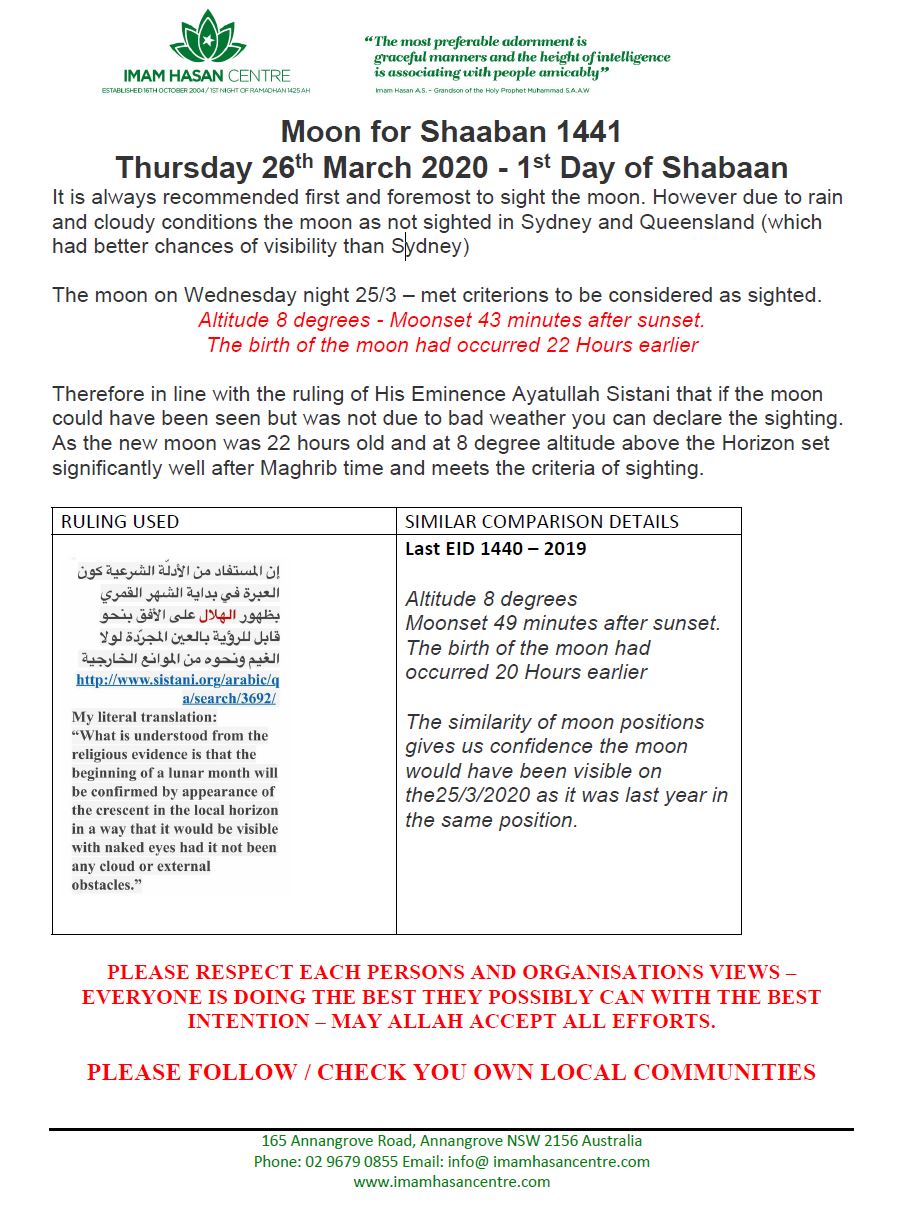 Shaabaan 1441 – Announcement – 1st day of Shabaan Thursday 26th March 2020