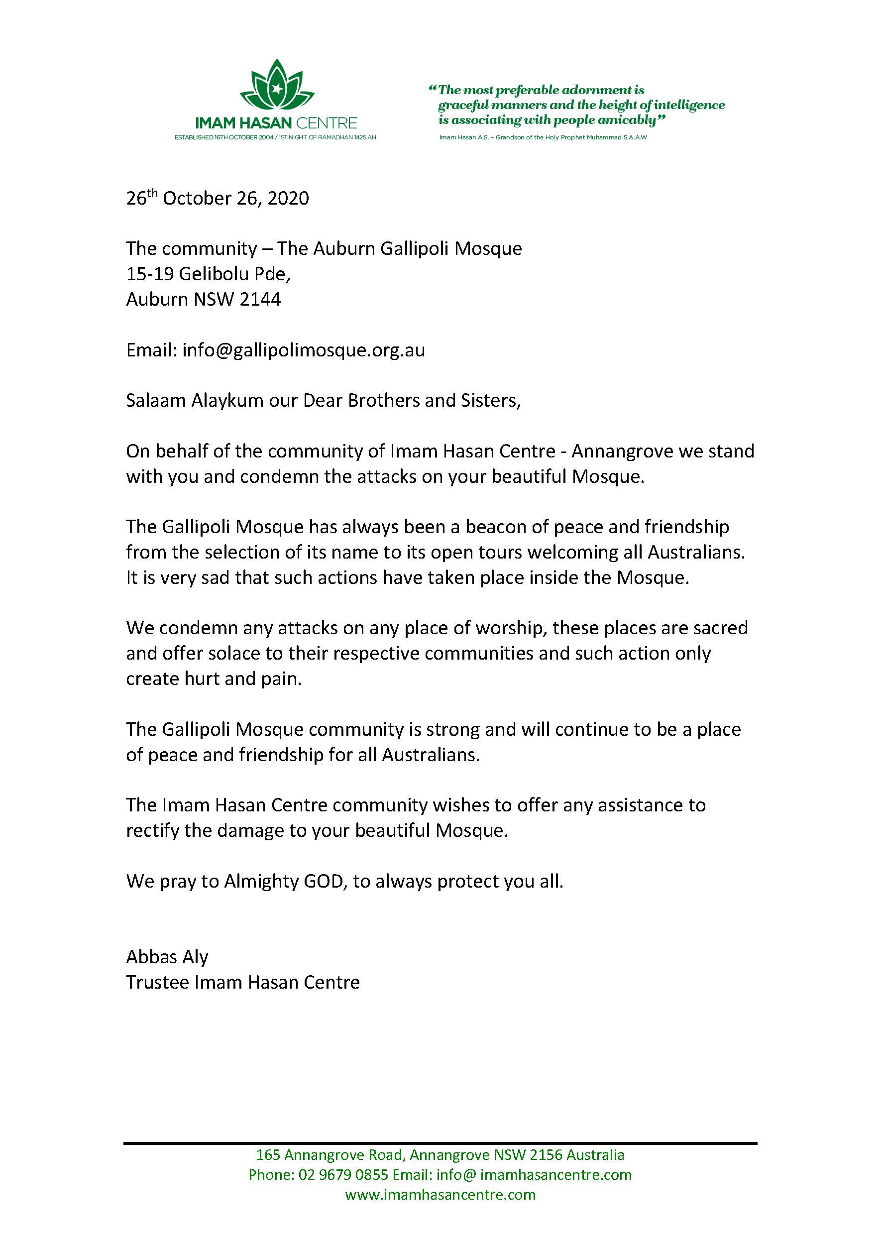 Letter of Support for the Auburn Gallipoli Mosque – 26/10/2020 – 1.22 PM