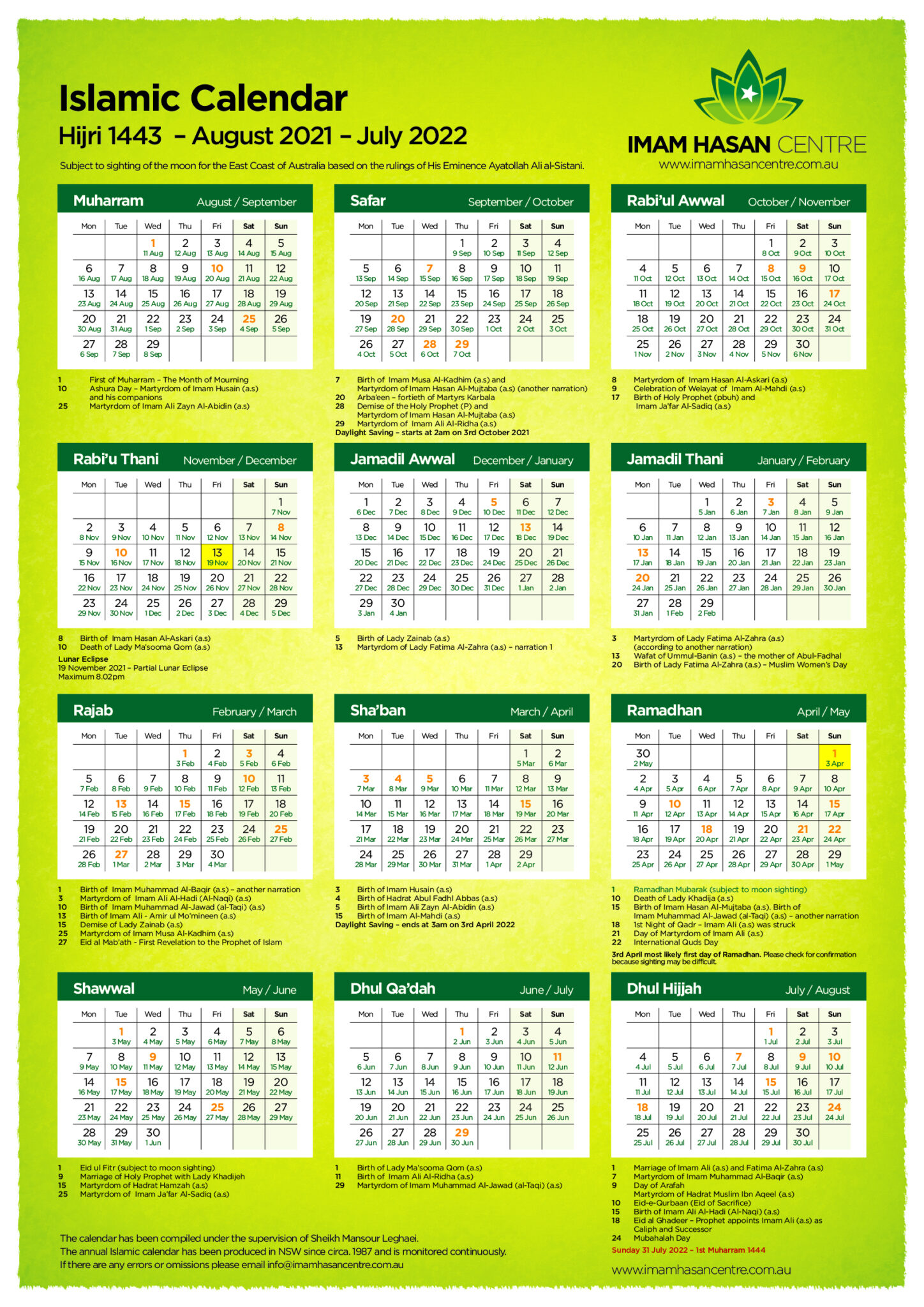 1443 HIJRI Calendar AS POSTED ON JULY 1, 2021 Imam Hasan Centre