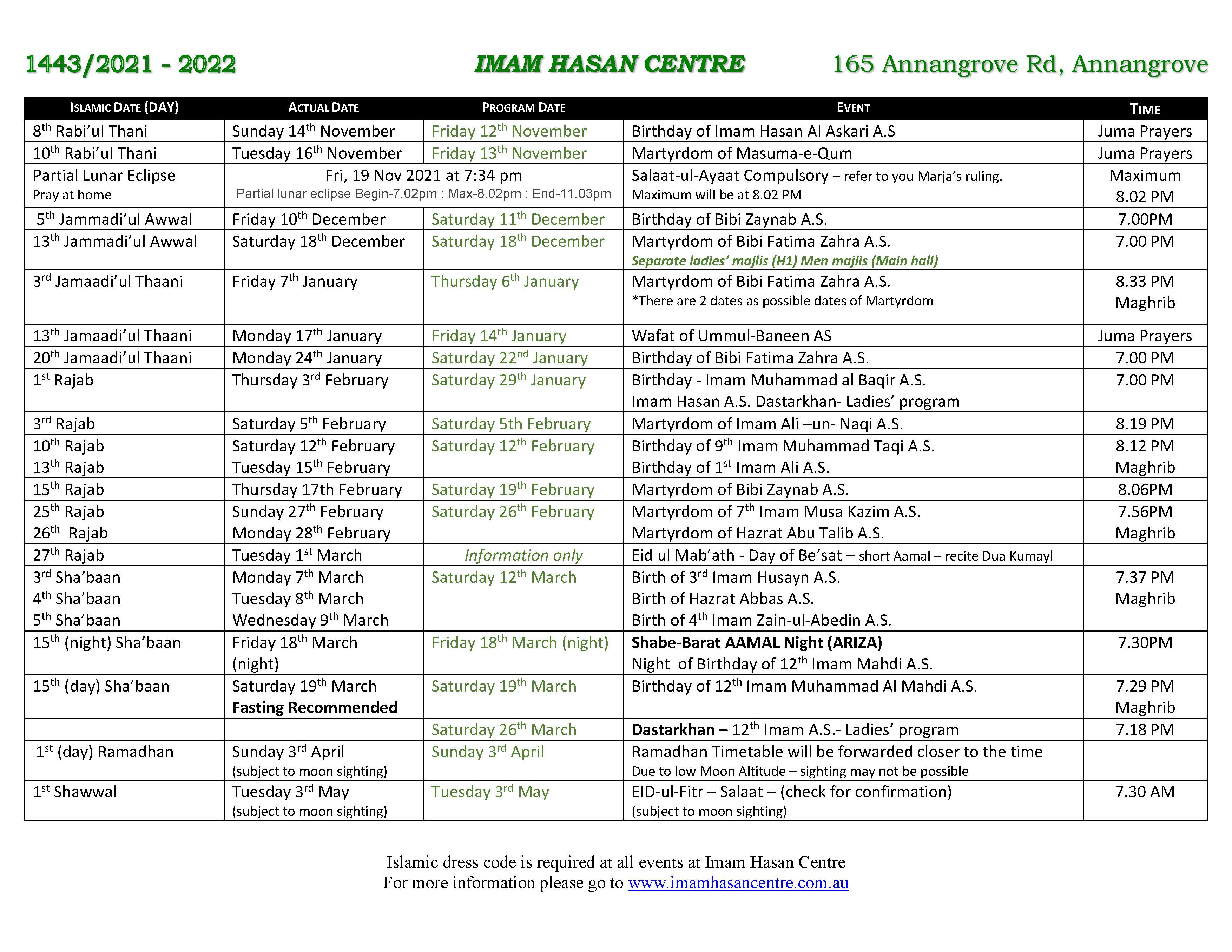 Rabbi’u Thani to Ramadhan Events Calendar 2021 – 2022