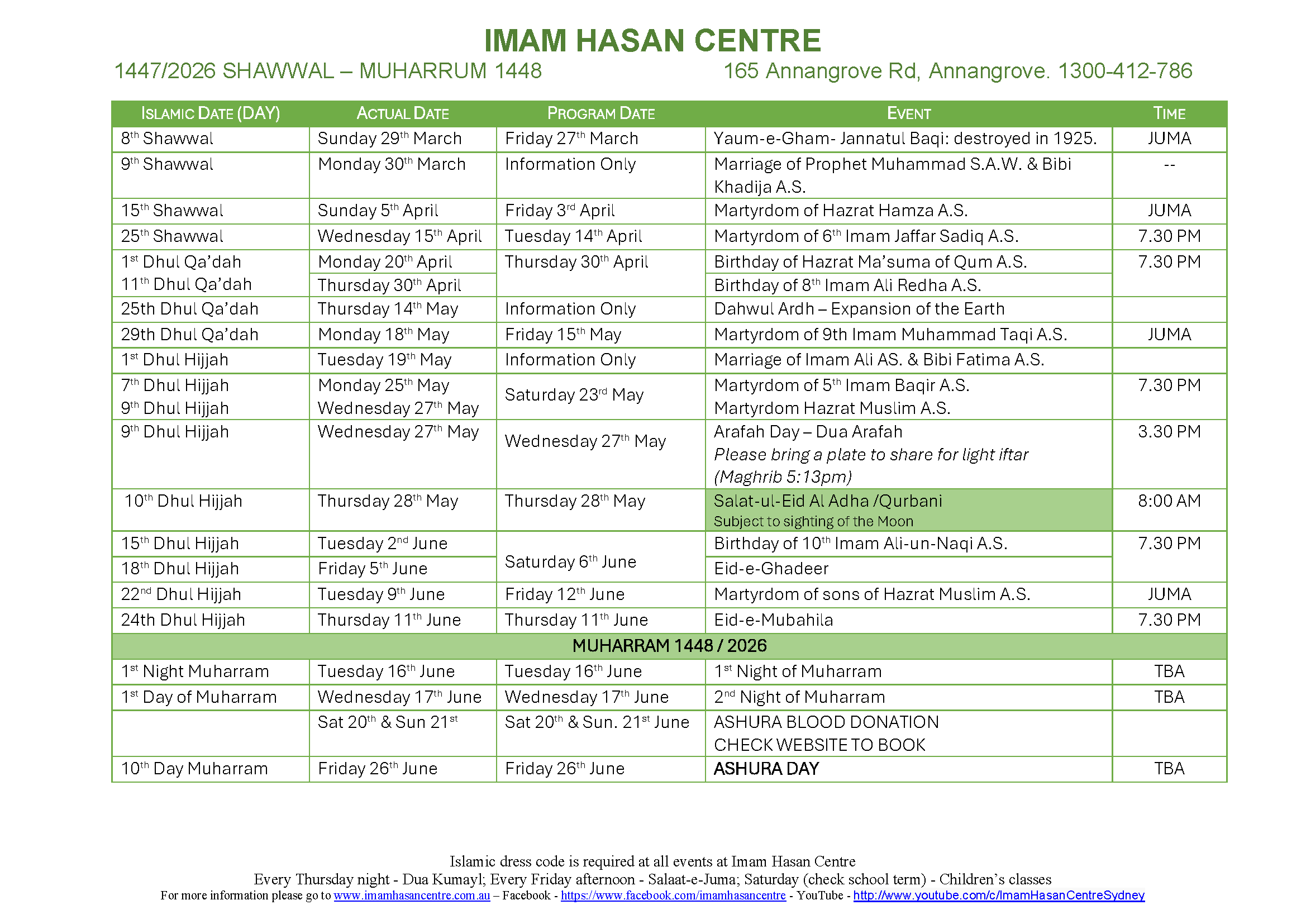 1-04-2026 Shawaal 1447 – Muharrum 1448 Calendar of events