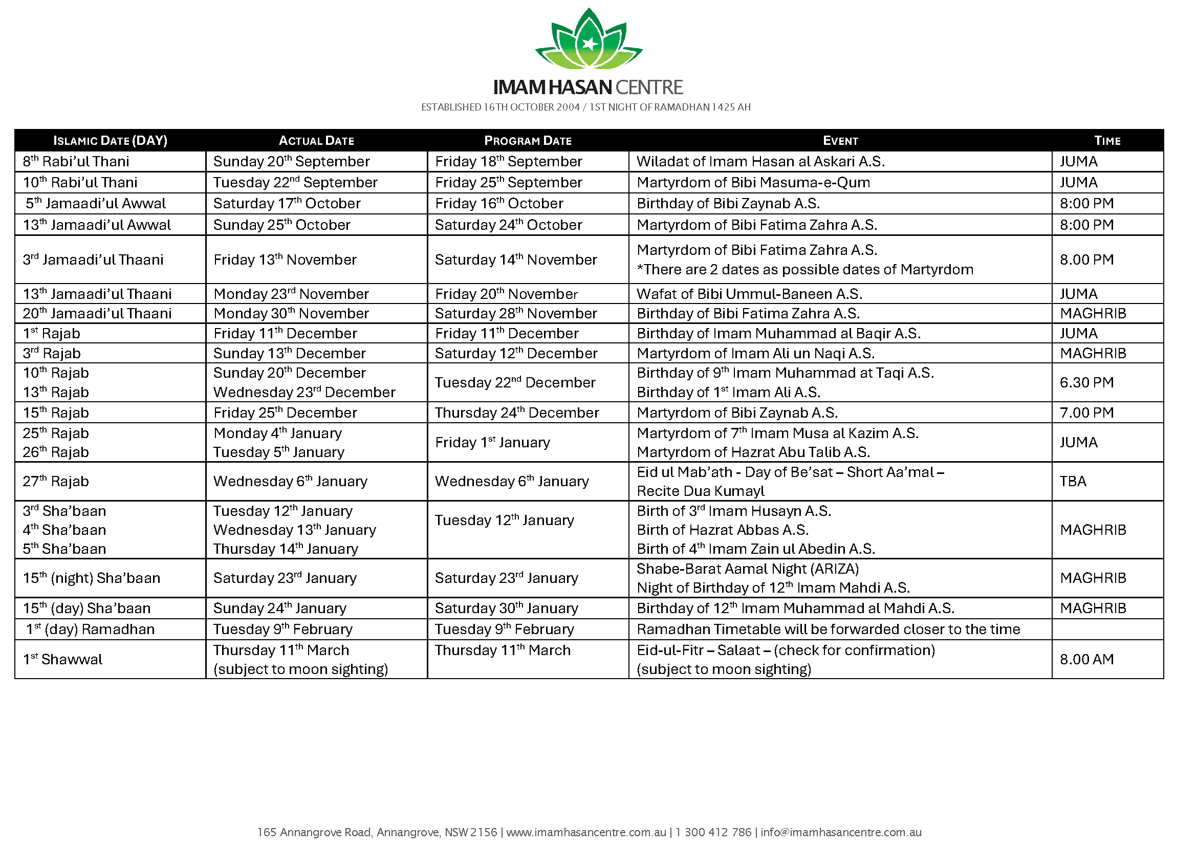 NL13082026 – Rabbi-ul-Awaal – Ramadhan 1448 Events Calendar